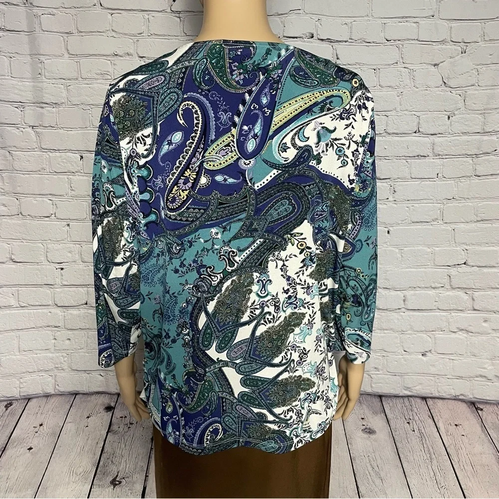 Chico's Cowl Neck 3/4 Sleeve Paisley Top Size 2 US L
